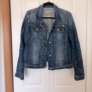 Distressed, dark wash jean jacket from the Gap, size XL